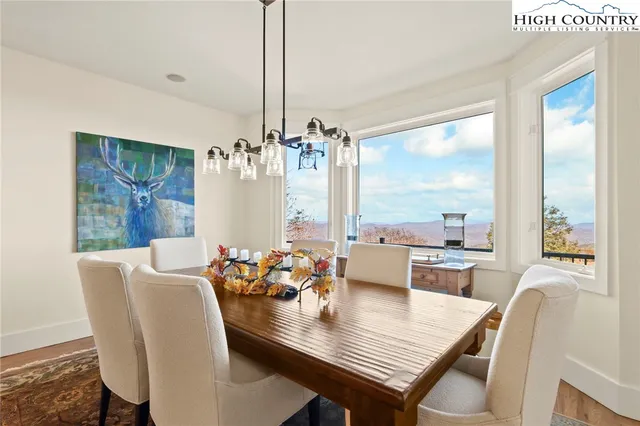 a view of a dining room with furniture window and outside view