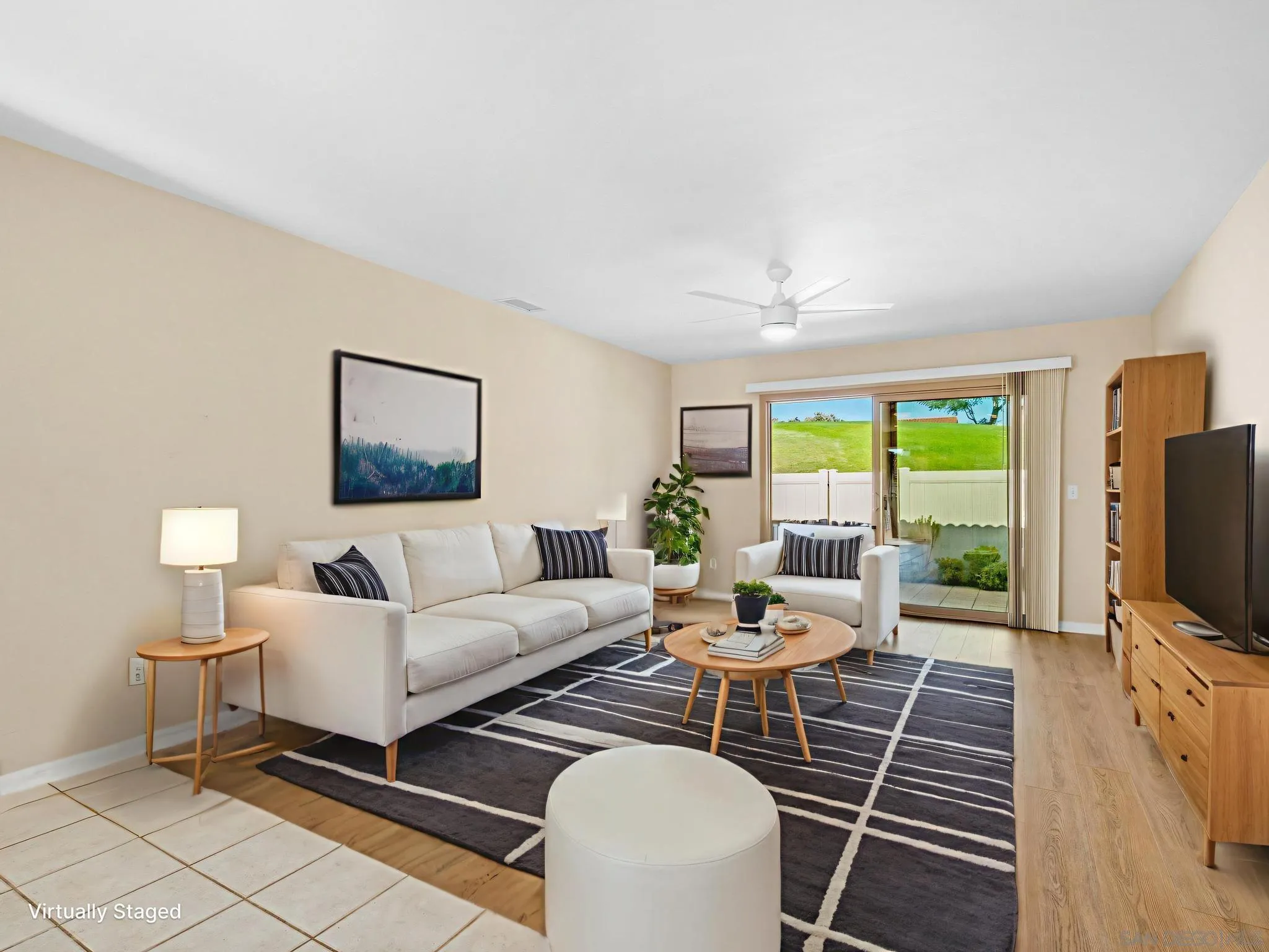 1822 Stanton Road Encinitas, CA 92024 - Photo 3 of 21 a living room with furniture a flat screen tv and a floor to ceiling window