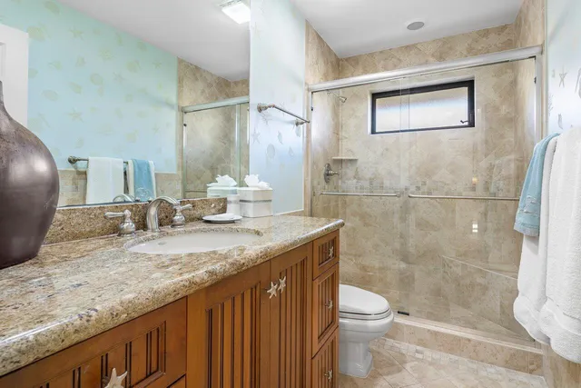 a bathroom with a granite countertop sink a toilet and shower