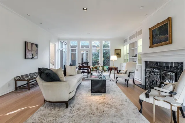 a living room with furniture potted plant and a fireplace