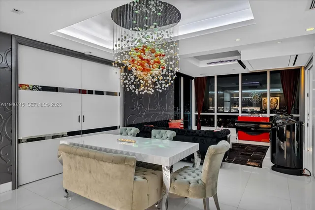 a view of a dining room with furniture window and outside view