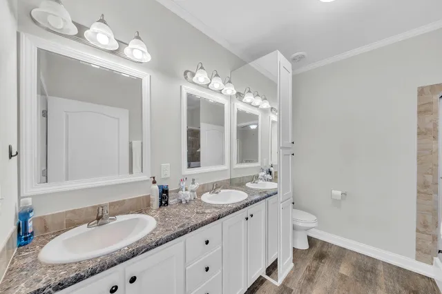 a bathroom with a granite countertop double vanity sink and a mirror