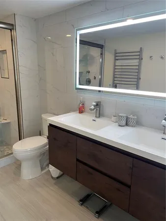 a bathroom with a sink a toilet and mirror