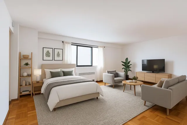 a bedroom with a bed and glass window