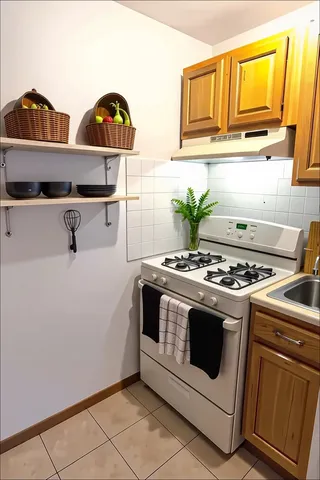 a stove top oven sitting inside of a kitchen
