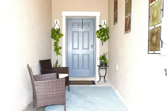 a living room with furniture and a potted plant