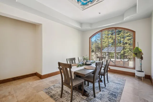 a view of a dining room with furniture window and outside view