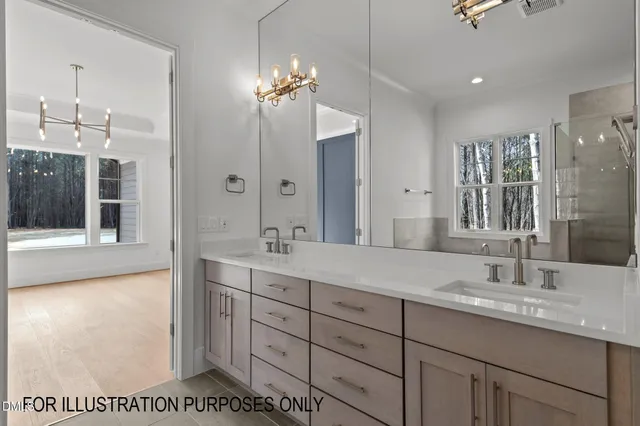a bathroom with a sink double vanity and a mirror