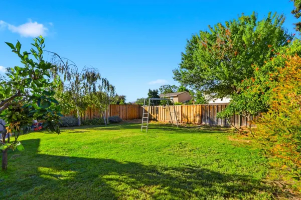 a view of a yard with a house in the background
