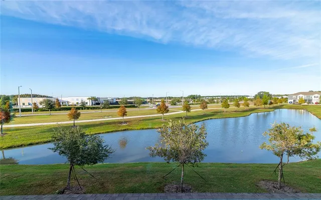 a view of a lake with a outdoor space