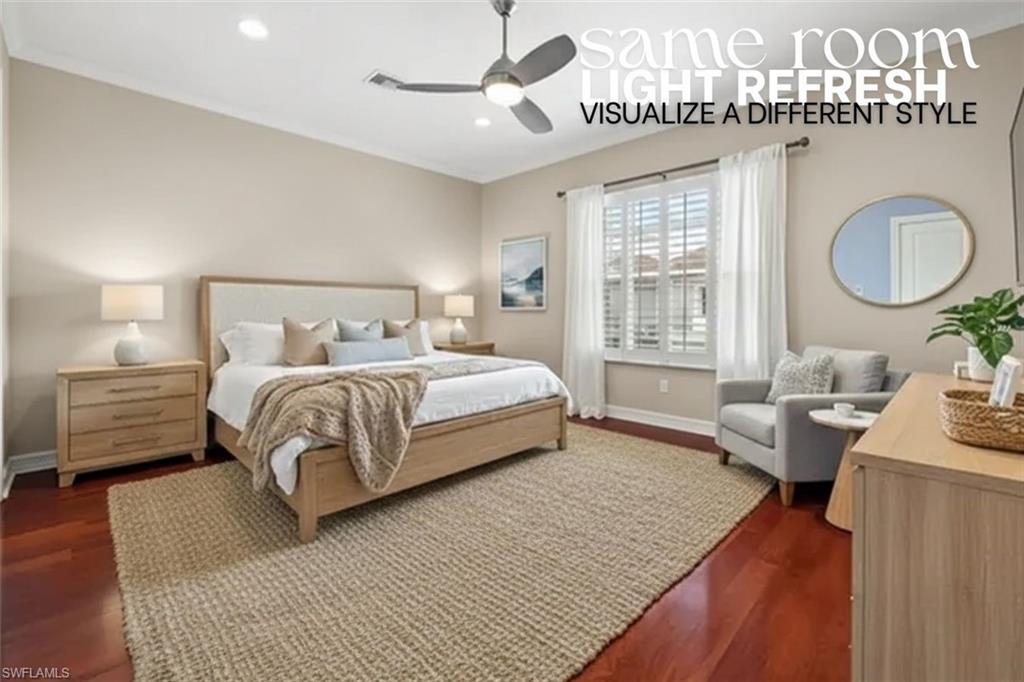 5045 Blauvelt Way, Unit 201 Naples, FL 34105 - Photo 29 of 39 a spacious bedroom with a bed a chandelier and a dresser