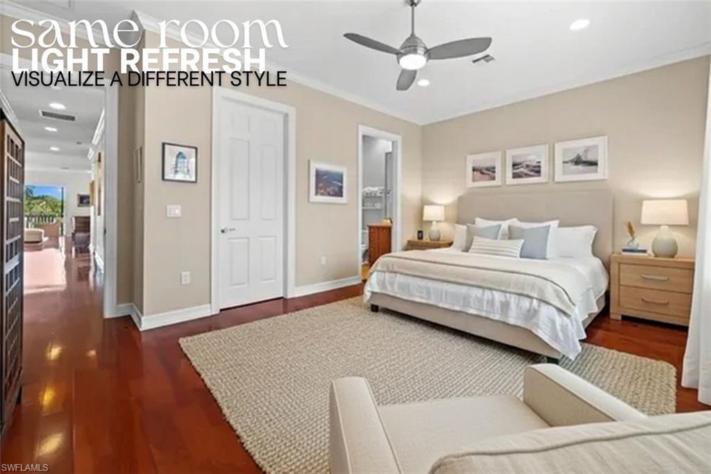 5045 Blauvelt Way, Unit 201 Naples, FL 34105 - Photo 31 of 39 a bedroom with a bed and a chandelier