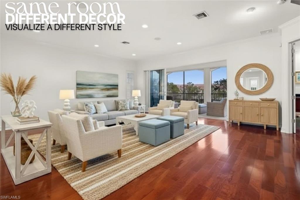 5045 Blauvelt Way, Unit 201 Naples, FL 34105 - Photo 10 of 39 a living room with fireplace furniture and a wooden floor
