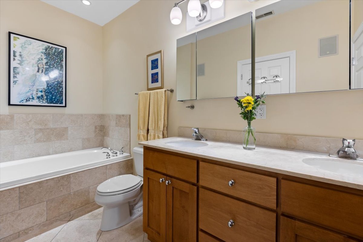 1249 North Wolcott Avenue, Unit 2 Chicago, IL 60622 - Photo 18 of 26 a bathroom with a granite countertop sink mirror vanity bathtub and toilet