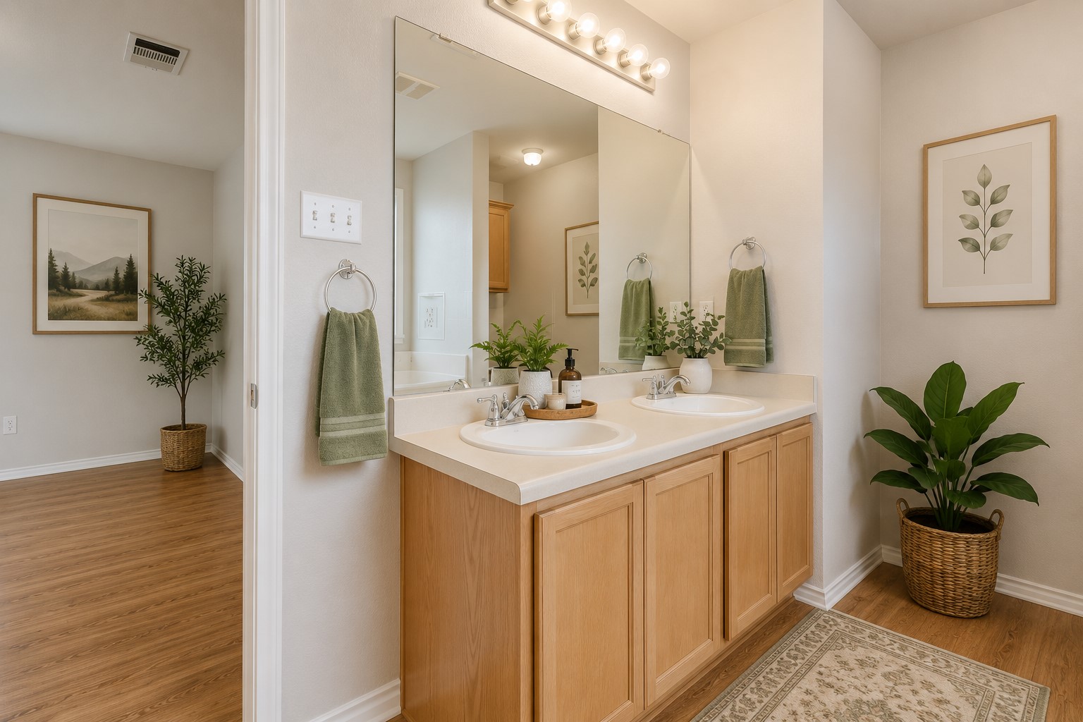 1507 Davis Mountain Loop Cedar Park, TX 78613 - Photo 14 of 30 Ai Virtual Staging: Double vanity sinks and bright wood flooring create a functional, inviting bathroom space.