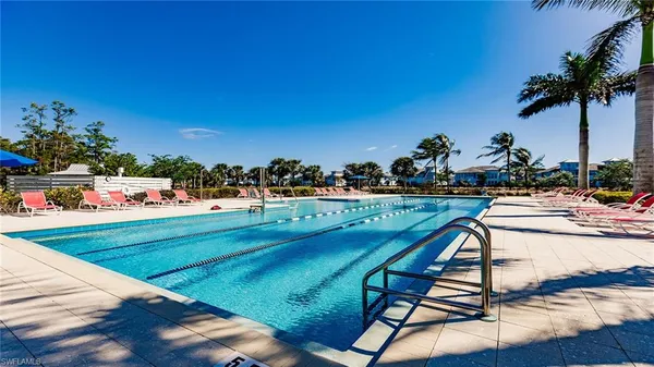 a view of a swimming pool and trees in the background