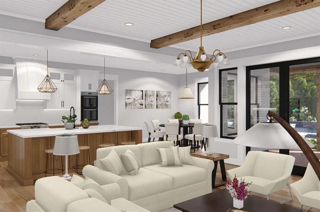 3710 Castle Drive Rowlett, TX 75089 - Photo 5 of 17 Living room featuring light wood finished floors, recessed lighting, beamed ceiling, and a chandelier