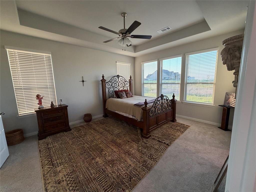 131 Llanos Drive Decatur, TX 76234 - Photo 4 of 9 Spacious room featuring a tray ceiling, ceiling fan with light fixture, carpeted flooring, and multiple windows with blinds