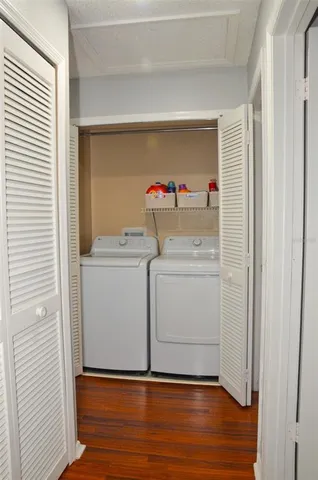a storage room with washer and dryer