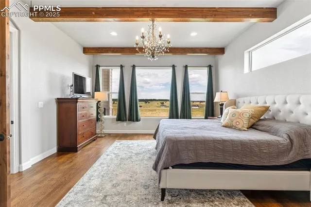 a bedroom with a large bed a chandelier and windows