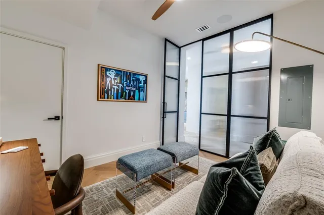 a bed room with a bed and a painting