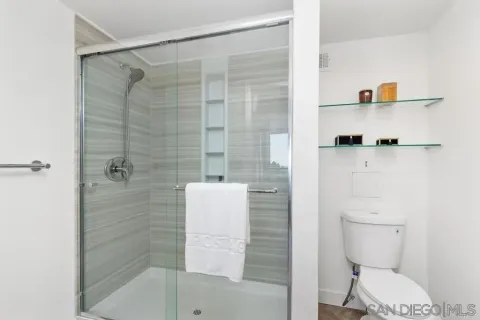 a bathroom with a shower and toilet