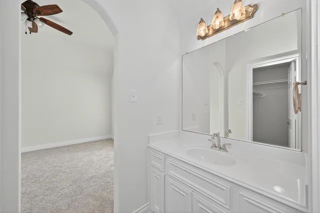 a bathroom with a sink vanity and a mirror
