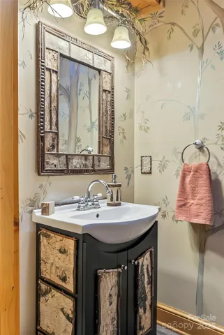 a bathroom with a sink vanity and a mirror