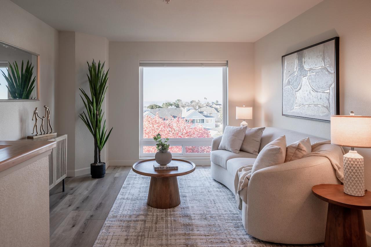 a living room with furniture and a potted plant