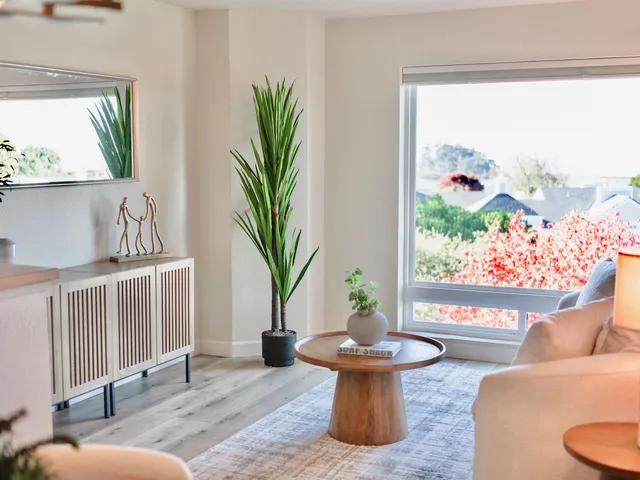 a living room with furniture and a potted plant