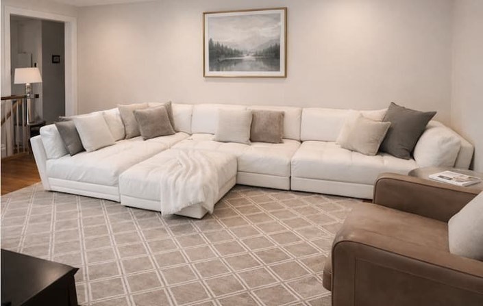 a living room with a couch and a rug