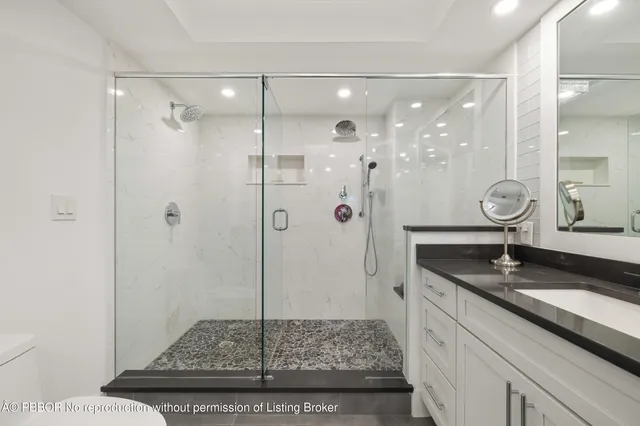 a bathroom with a granite countertop sink a shower and mirror