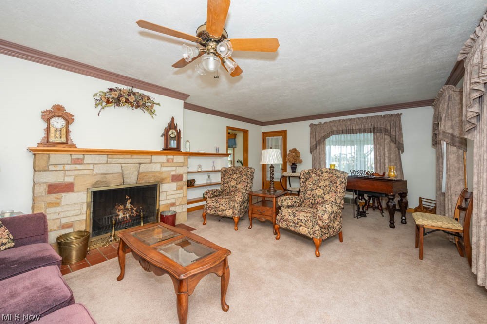 24093 Georgetown Road Homeworth, OH 44634 - Photo 8 of 35 Living room with light colored carpet, crown molding, ceiling fan, and a stone fireplace. We believe that there is hardwood flooring under the carpeting.