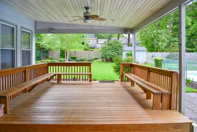 a garden view with a seating space