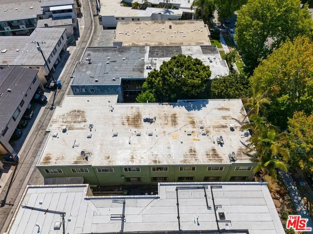 an aerial view of a backyard
