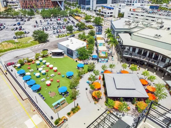 a picture of a building with seating space