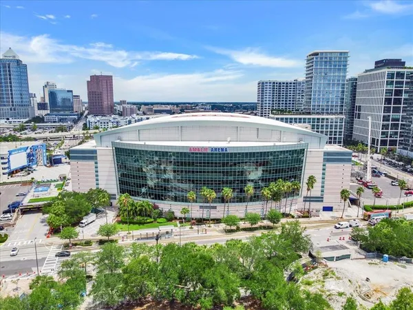 a view of a city with tall buildings