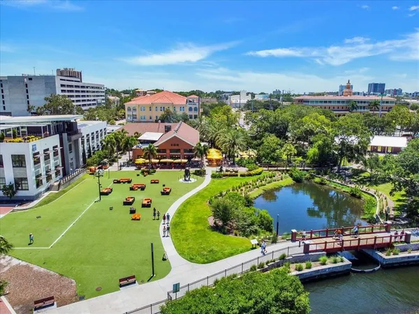 an aerial view of a house with a garden