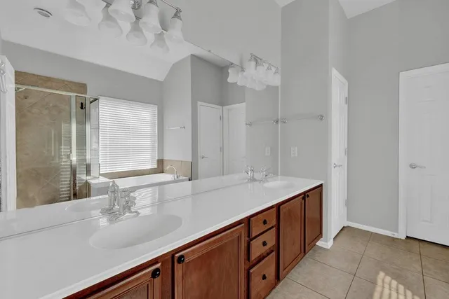 a bathroom with a sink double vanity and a mirror