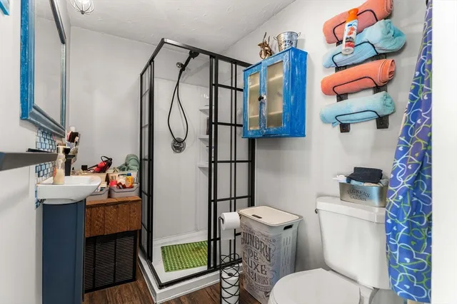 a bathroom with a toilet a sink and tub