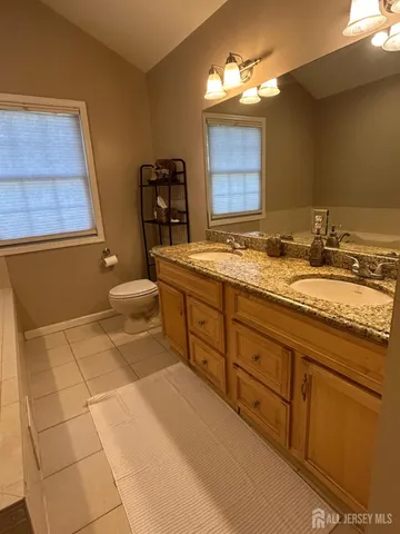 a bathroom with a granite countertop sink a mirror and a toilet