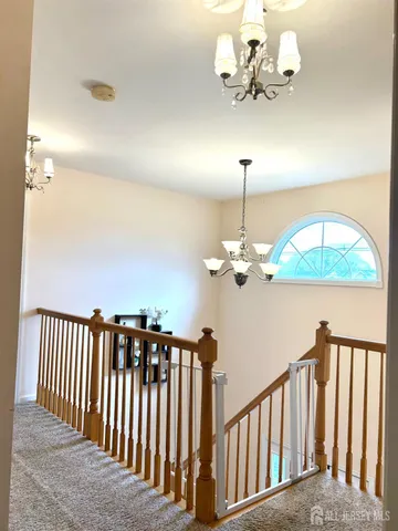 a view of a chandelier in a room