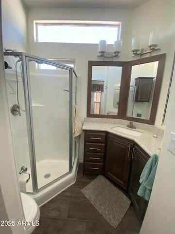 a bathroom with a sink a mirror a vanity and shower