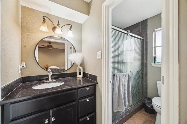 a bathroom with a sink a toilet and a mirror