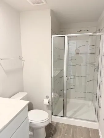 a bathroom with a shower and a toilet
