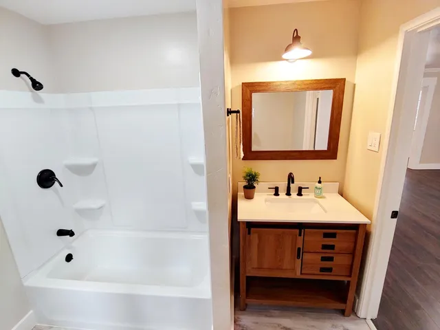 a bathroom with a sink and a mirror