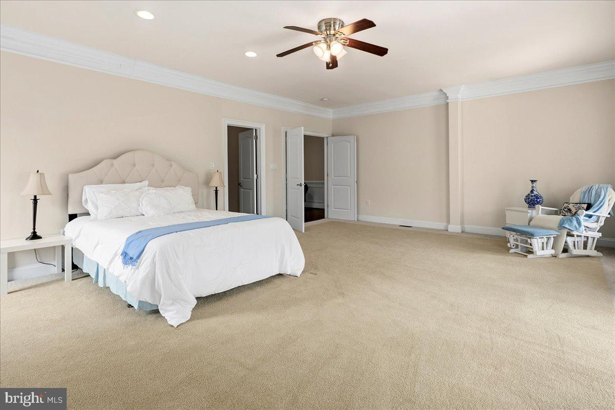 11846 Chapel Road Clifton, VA 20124 - Photo 102 of 143 a spacious bedroom with a bed and a chandelier