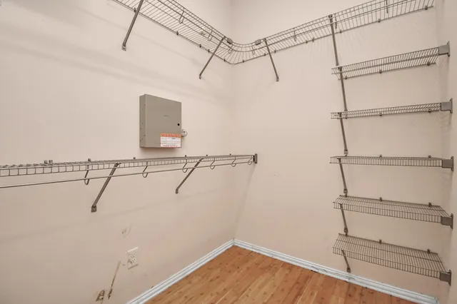a view of a room with racks on the wall