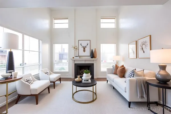a living room with furniture fireplace and window