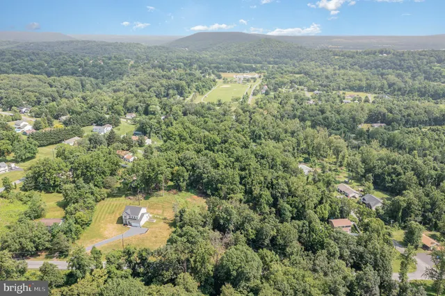 an aerial view of residential houses with outdoor space and trees